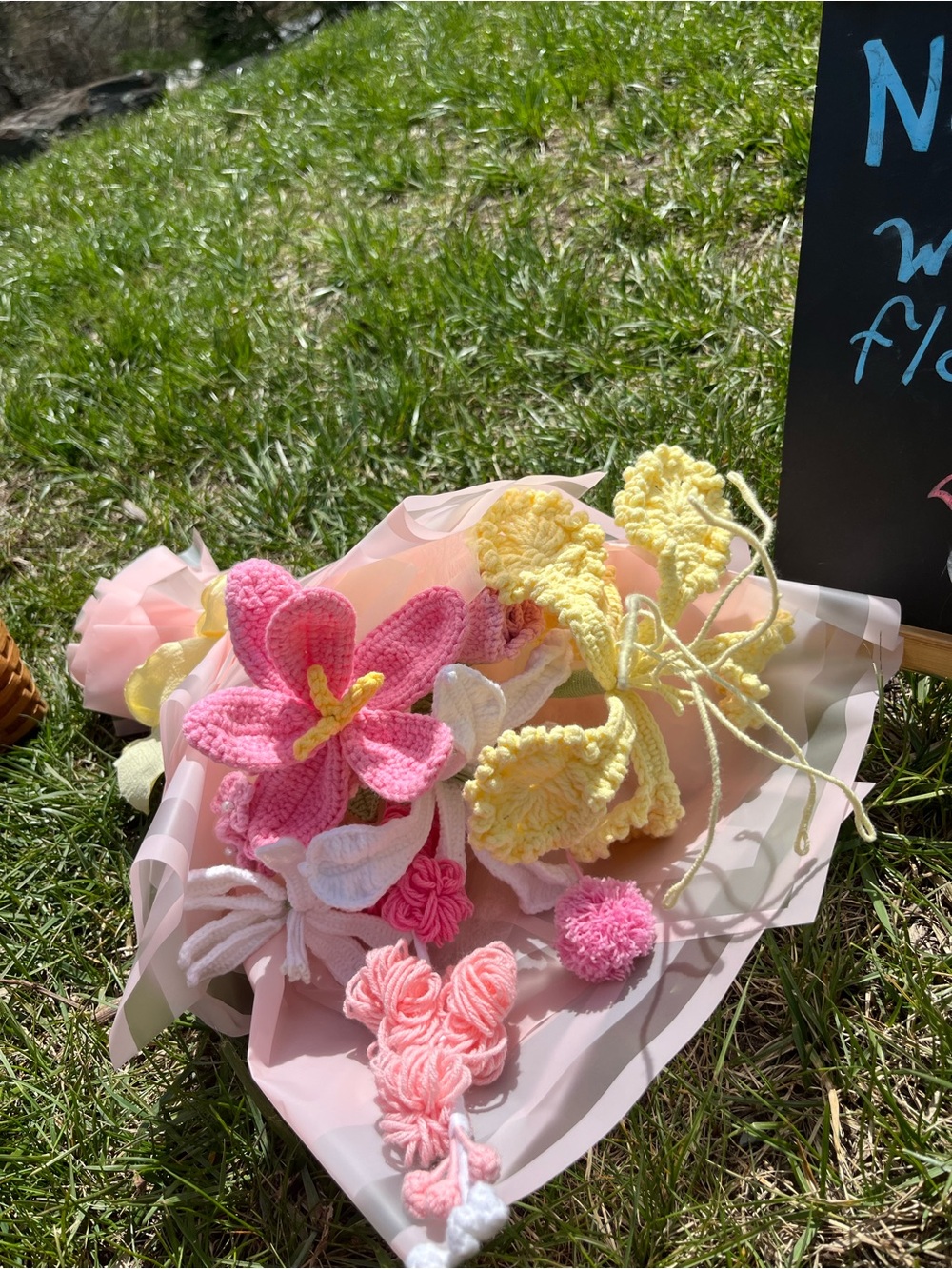 Handmade Crochet Flower Bouquet - Pink & Yellow
